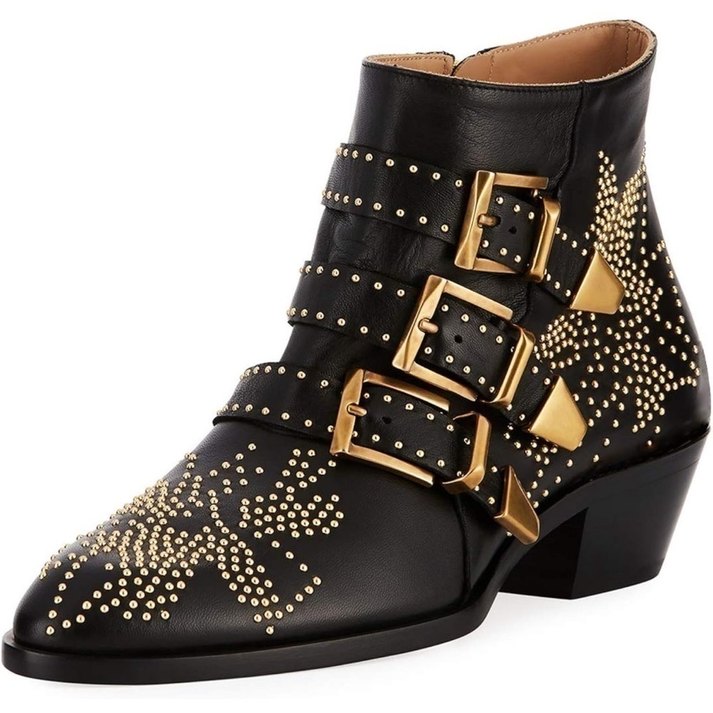 Ankle boots | Black genuine leather gold rivet studded buckle size 6.5